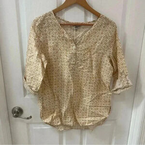 Hester & Orchard Tan White 3/4 Sleeve V Neck Shirt Women’s Small Linen Blouse